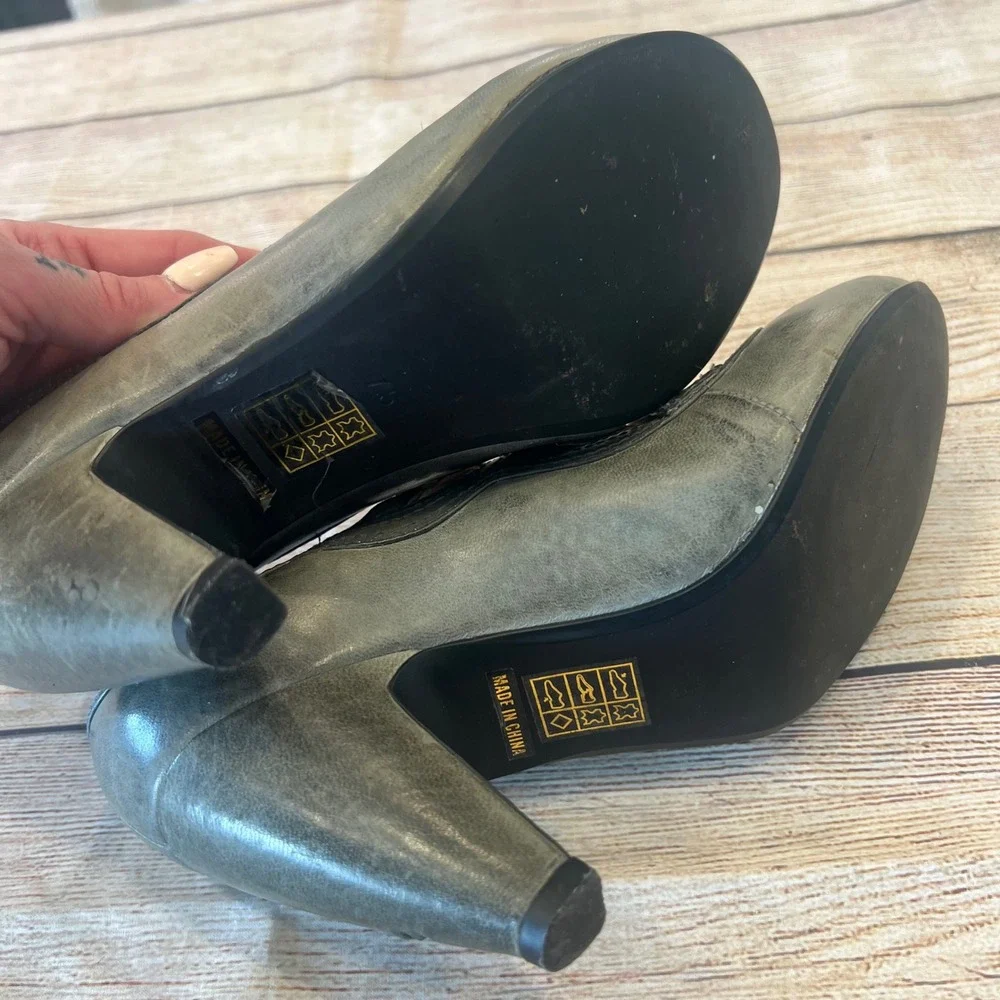 Miz Mooz Grey Leather Mary‎ Jane Pumps Strappy Cone Heels Womens 7.5